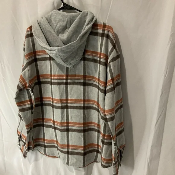 Staccato Womens Fall Plaid Hooded Shacket Size Large Gray Orange Black NWOT - Picture 9 of 13